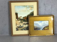 Two original framed watercolours: EDWINA WOODCOCK 'Fishing Village', approx 35cm x 25cm, signed