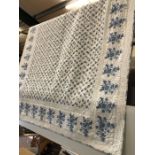 TEXTILES: Large blue and white floral throw / bed spread by Sibona, approx 250cm x 180cm