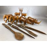 Collection of decorative African carved wooden items (Mombassa), to include six carved animals and