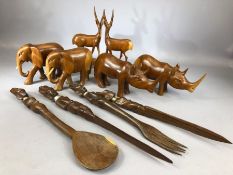 Collection of decorative African carved wooden items (Mombassa), to include six carved animals and