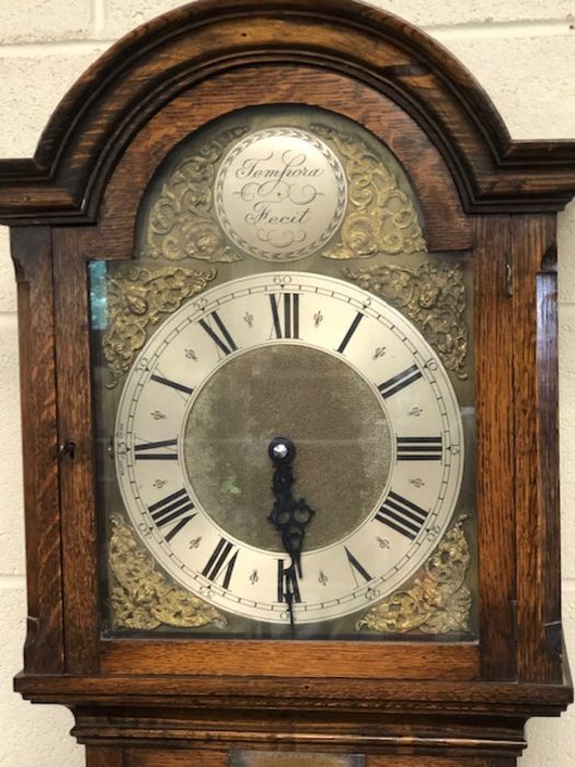 20th Century oak cased longcase clock, the brass dial bearing the inscription Tempora Fecit, with - Image 3 of 5