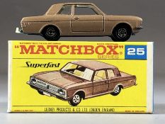 Boxed Diecast vehicle: Matchbox series No.25 Ford Cortina G.T. in beige or metallic light brown with