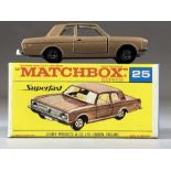 Boxed Diecast vehicle: Matchbox series No.25 Ford Cortina G.T. in beige or metallic light brown with