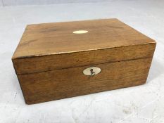 Polished wooden box with mother of pearl and inlay and key, approx 30cm x 23cm x 12cm