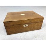 Polished wooden box with mother of pearl and inlay and key, approx 30cm x 23cm x 12cm