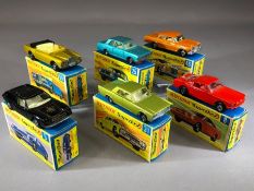 Six boxed Matchbox Superfast diecast model vehicles: 5 Lotus Europe, 8 Ford Mustang, 25 Ford Cortina