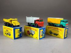 Three boxed Matchbox Series diecast model vehicles: 6 Euclid Quarry Truck, 26 G.M.C. Tipper Truck,
