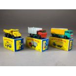 Three boxed Matchbox Series diecast model vehicles: 6 Euclid Quarry Truck, 26 G.M.C. Tipper Truck,