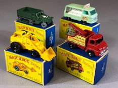Four boxed Matchbox Series diecast model vehicles: 13 Wreck Truck, 21 Milk Delivery Truck, 24