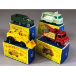 Four boxed Matchbox Series diecast model vehicles: 13 Wreck Truck, 21 Milk Delivery Truck, 24