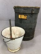 Vintage items including circular wooden and metal bound barrel/box approx 56cm in height, enamel