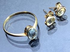 18ct Gold ring and matching earring set set with pale gemstones, ring size approx 'P'