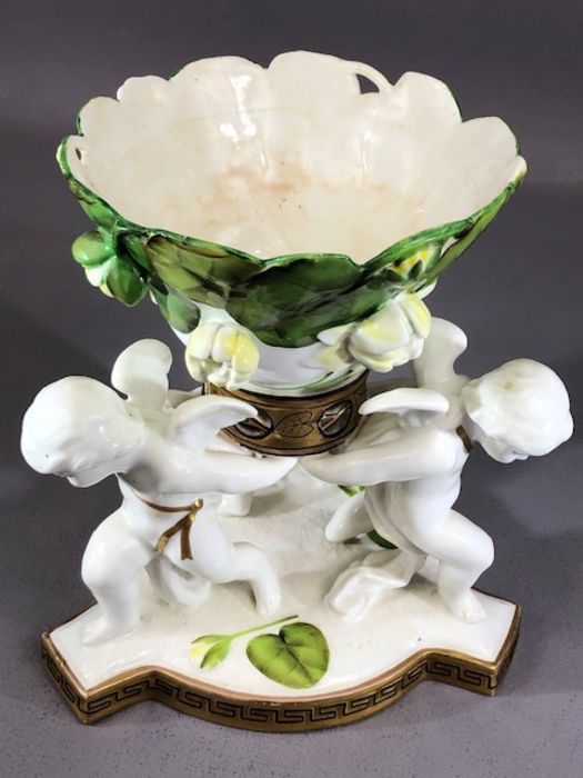 Late 19th century porcelain table centre piece, the bowl with water lily leaf and bloom design - Image 3 of 6