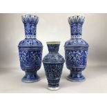 Pair of German Westerwald blue stoneware vases with pixie raised decoration, each approx 32cm in
