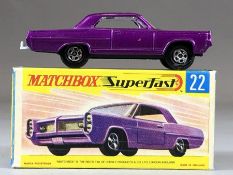 Boxed Diecast vehicle: Matchbox series No.22 Pontiac Coupe in purple with grey interior and tow bar