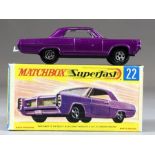 Boxed Diecast vehicle: Matchbox series No.22 Pontiac Coupe in purple with grey interior and tow bar