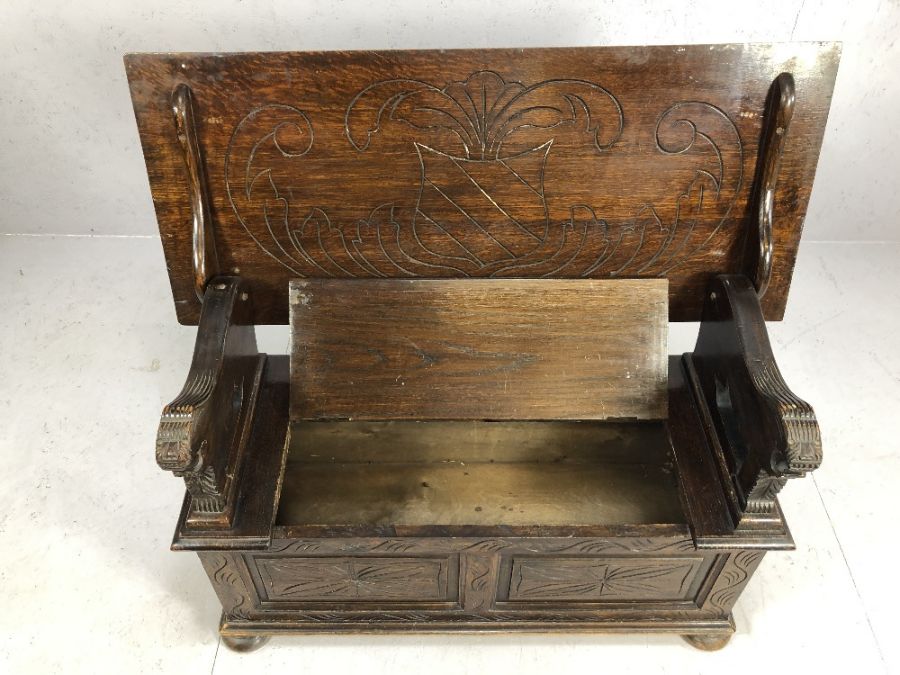 Carved monk's bench with hinged seat and storage under, approx 107cm x 46cm x 63cm tall - Image 4 of 7