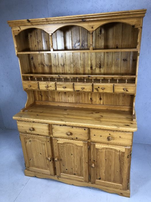 Pine kitchen dresser, cupboards and drawers under, shelves above, approx 134cm x 45cm x 190cm tall - Image 2 of 3