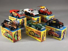 Six boxed Matchbox Superfast diecast model vehicles: 11 Flying Bug, 26 Big Banger, 31 Volks