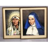 Pair of kitsch framed paintings of a Native American Chief and a Nun