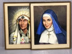 Pair of kitsch framed paintings of a Native American Chief and a Nun