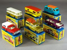 Six boxed Matchbox Superfast diecast model vehicles: 6 Ford Pick-up, 12 Setra Coach, 12 Safari