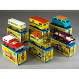 Six boxed Matchbox Superfast diecast model vehicles: 6 Ford Pick-up, 12 Setra Coach, 12 Safari