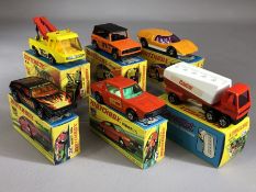 Six boxed Matchbox Superfast diecast model vehicles: 18 Field Car, 32 Maserati Bora, 62 Renault