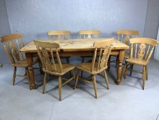 Farmhouse pine kitchen / dining table with seven dining chairs (one smaller than other six), table