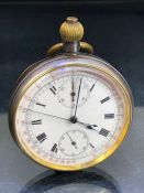 open faced pocket watch with two subsidiary dials and stop watch function, movement marked for