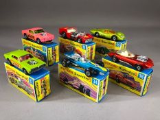 Six boxed Matchbox Superfast diecast model vehicles: 8 Wild Cat Dragster, 19 Road Dragster, 34