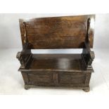 Carved monk's bench with hinged seat and storage under, approx 107cm x 46cm x 63cm tall