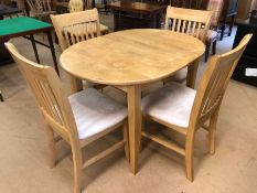 Light wood kitchen extendable table and four suede padded chairs, table approx 105cm x 80cm (