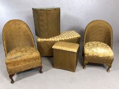 Collection of original LLoyd Loom Lusty furniture in gold finish to include two chairs with sprung