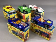 Seven boxed Matchbox Rola-matics diecast model vehicles: 10 Piston Popper, 35 Fandango, 47 Beach