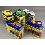 Seven boxed Matchbox Rola-matics diecast model vehicles: 10 Piston Popper, 35 Fandango, 47 Beach