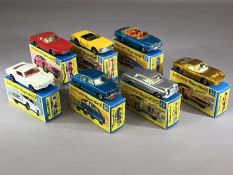 Seven boxed Matchbox Superfast diecast model vehicles: 8 Ford Mustang, 27 Mercedes 230 SL, 33