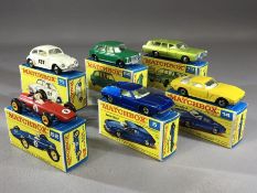Six boxed Matchbox Series diecast model vehicles: 5 Lotus Europa, 14 Iso Grifo, 15 Volkswagen, 52