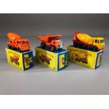 Three boxed Matchbox Series diecast model vehicles: 21 Doden Concrete Truck, 28 Mack Dump Truck,