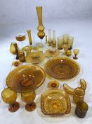 Selection of mid century amber glass ware to include vases, goblets, bowls and candle holders