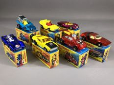 Seven boxed Matchbox diecast model vehicles: 11 Flying Bug, 41 Siva Spyder, 42 Tyre Fryer, 44 Boss