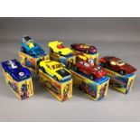 Seven boxed Matchbox diecast model vehicles: 11 Flying Bug, 41 Siva Spyder, 42 Tyre Fryer, 44 Boss