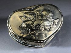 Victorian Silver hallmarked Heart shaped hinged lidded box with with repousse winged cherub