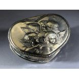 Victorian Silver hallmarked Heart shaped hinged lidded box with with repousse winged cherub