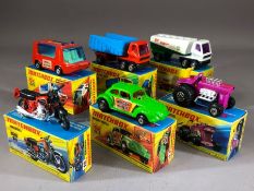 Six boxed Matchbox Superfast diecast model vehicles: 18 Hondadora, MOD Tractor, 43 Dragon Wheels, 46