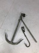 Nautical interest: vintage metal anchor and hook on chain, anchor approx 66cm in length