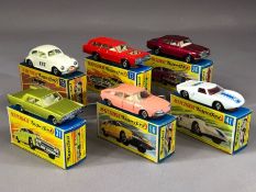 Six boxed Matchbox Superfast diecast model vehicles: 15 Volkswagen, 24 Rolls Royce Silver Shadow, 31