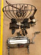 Collection of vintage metalware to include ACME ringer, flat irons, lamp etc circa 15 items