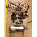 Collection of vintage metalware to include ACME ringer, flat irons, lamp etc circa 15 items