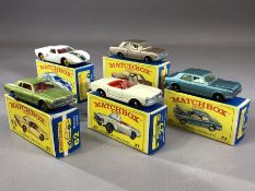 Five boxed Matchbox Series diecast model vehicles: 25 Ford Cortina, 27 Mercedes Benz 230-SL, 41 Ford